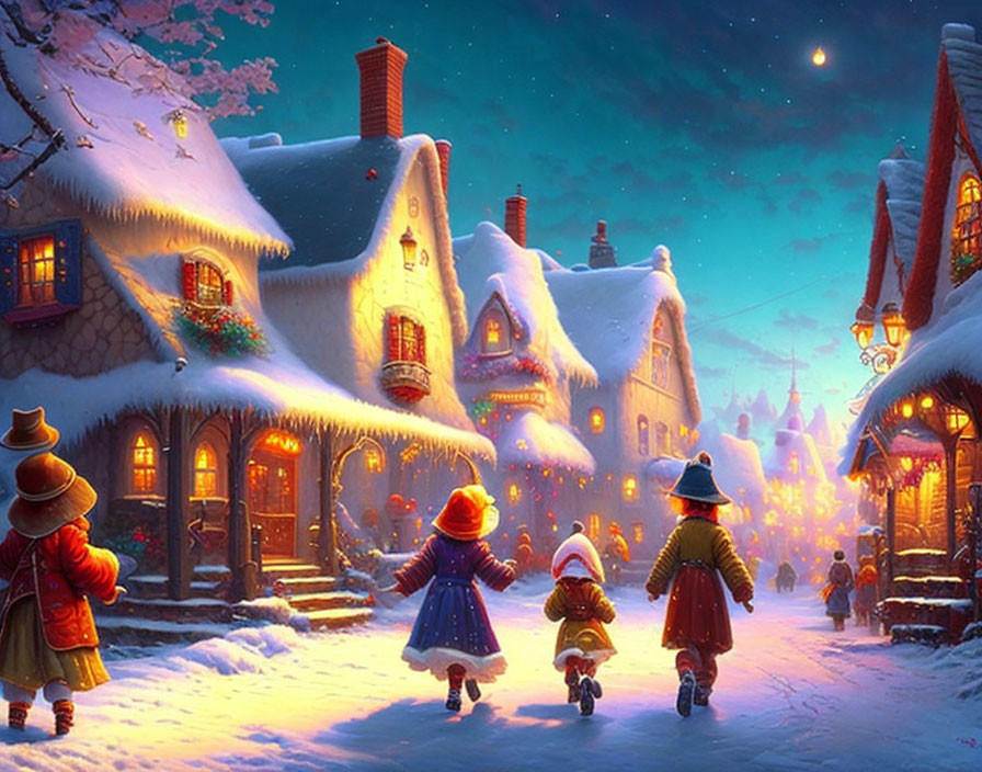 Snowy Winter Village with Christmas Decorations and Starry Sky