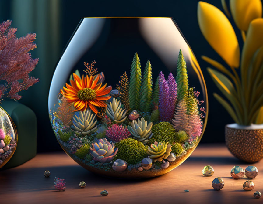 Diverse Succulents and Flowers in Glass Vase with Decorative Plants