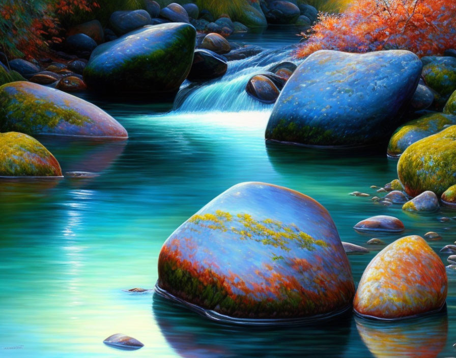 Tranquil forest scene: clear river, colorful stones, lush foliage