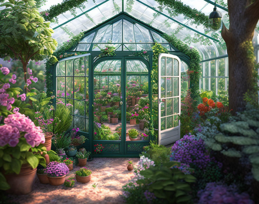 Sunlit greenhouse with lush plants and vibrant flowers.