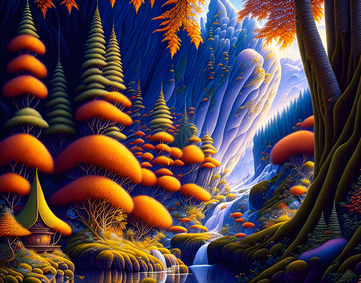 Digital artwork of vibrant otherworldly forest with towering trees, luminous foliage, serene waterfall, and