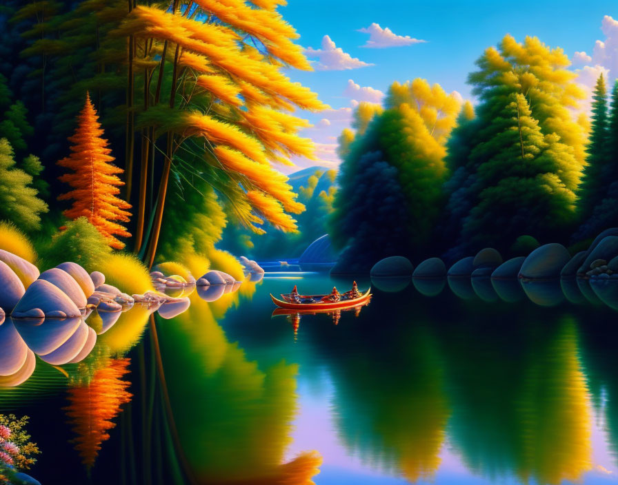 Colorful forest river scene with people rowing boat