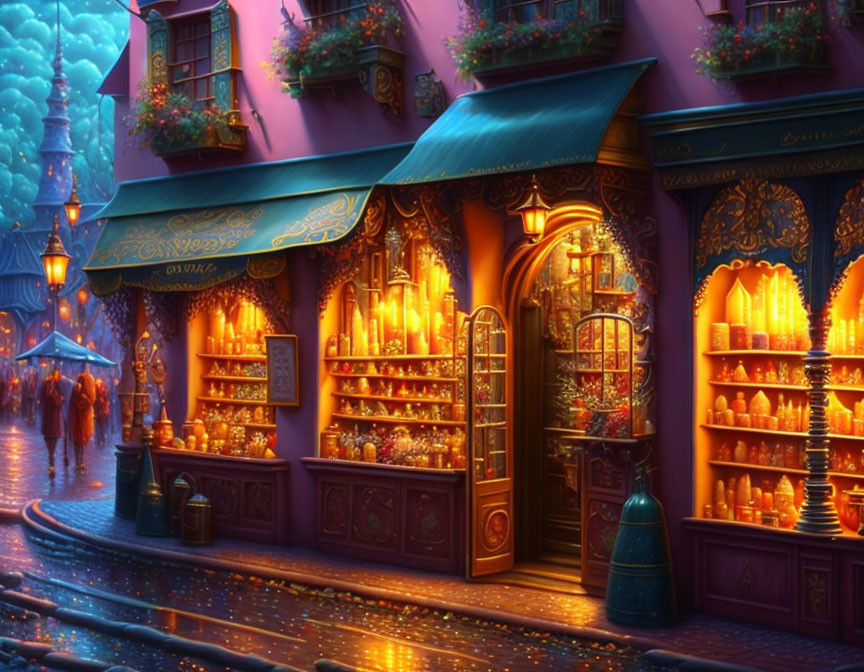 Colorful illustration of magical street at twilight