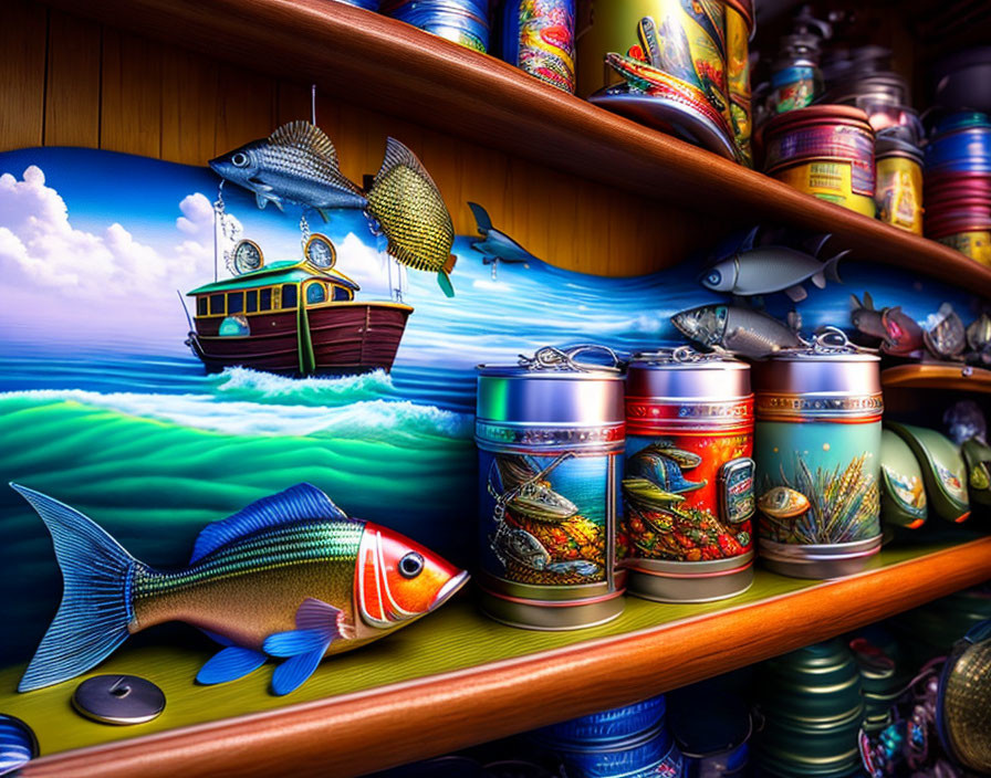 Vibrant surreal artwork: Fish, shelves, tin cans, boat on wave