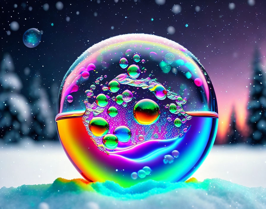 Colorful soap bubble on snowy twilight scene with reflections