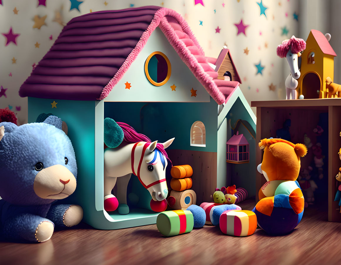 Child's Playroom with Teddy Bear and Plush Unicorn Toys