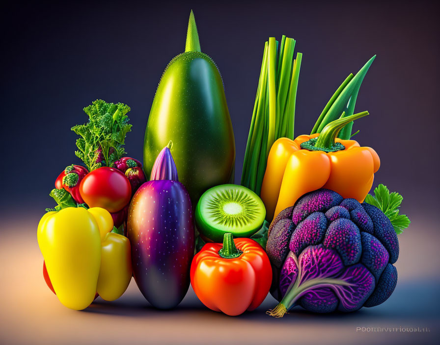 Colorful Glossy Vegetables and Fruits: Zucchini, Bell Peppers, Eggplant,