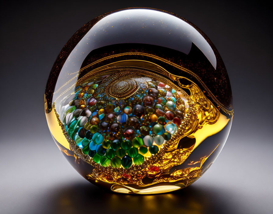 Swirling gold and brown glass paperweight with marbles in spiral formation