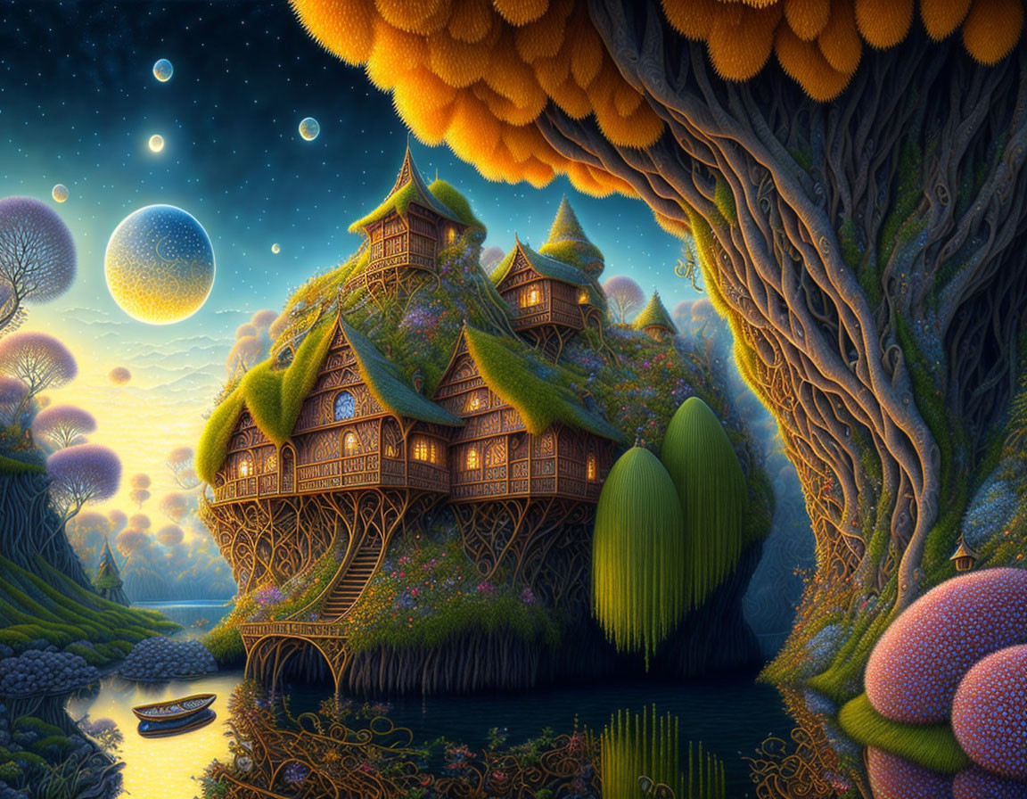 Fantastical landscape with treehouse, lush foliage, glowing orbs, and serene river