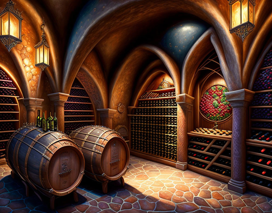 Atmospheric Wine Cellar with Arched Ceilings and Wooden Barrels