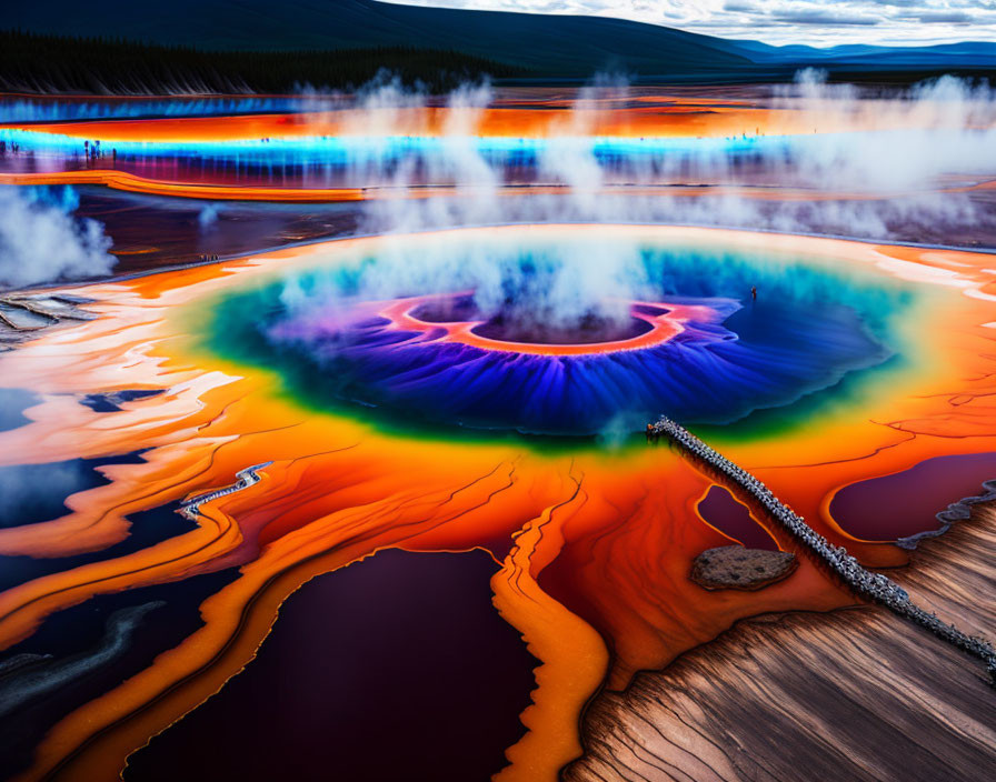 Colorful aerial view of Grand Prismatic Spring's steam and vibrant hues.