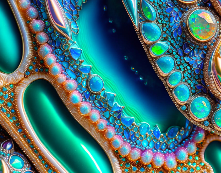 Colorful Fractal Art: Swirling Patterns in Turquoise, Blue, and Bronze