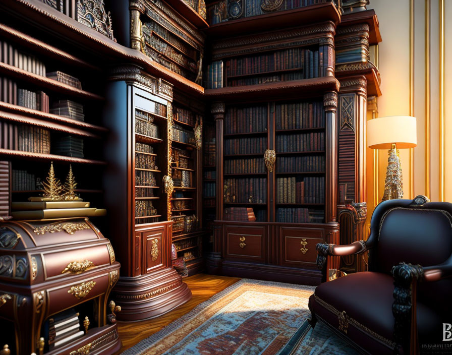 Elegant Home Library with Wooden Bookshelves & Leather Armchair