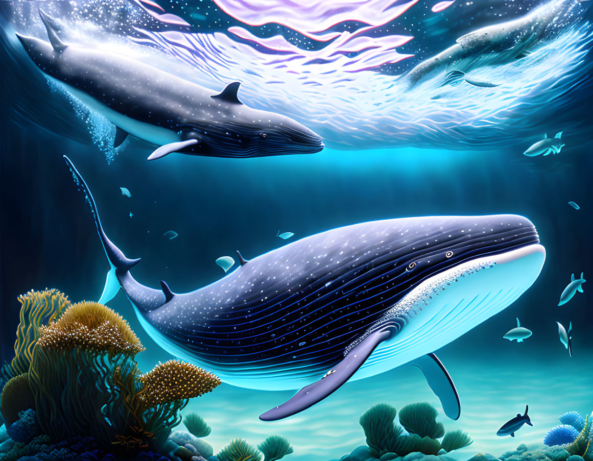 Majestic whales swimming in underwater scene with coral reefs