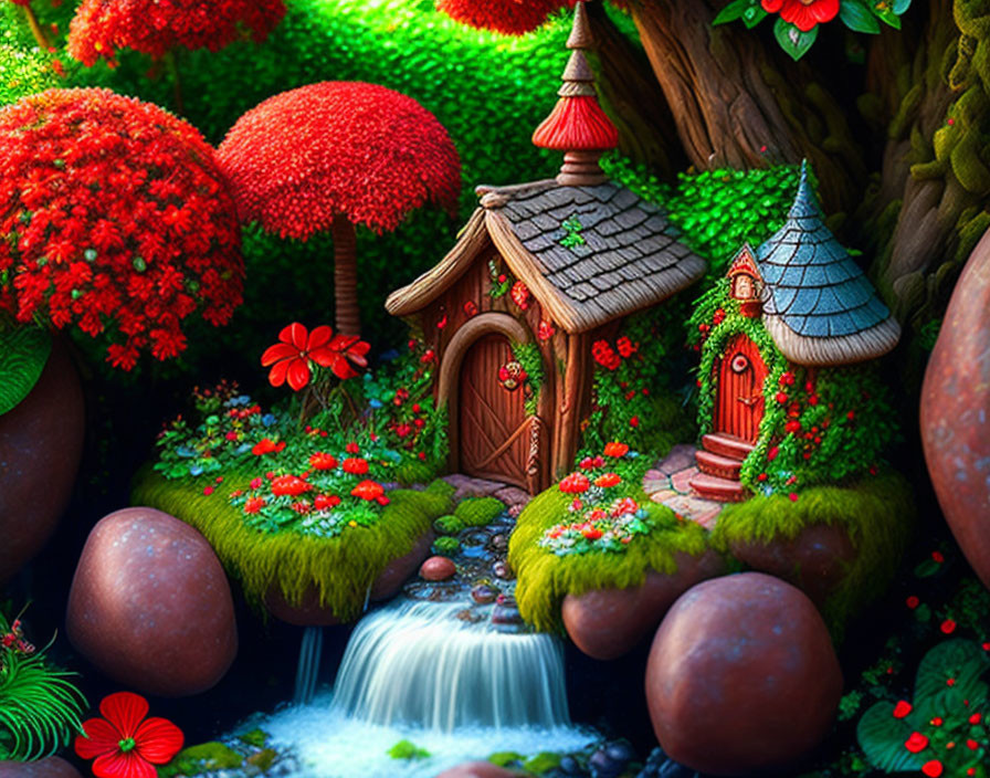 Enchanting forest scene with red and green foliage, quaint houses, waterfall, and river stones