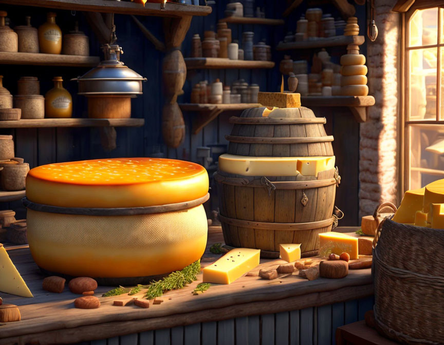 Cheese shop with assorted cheeses, wooden barrel, nuts, and warm lighting