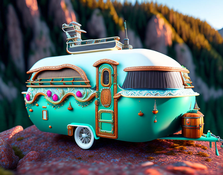 Ornate teardrop-shaped caravan in forested mountain landscape