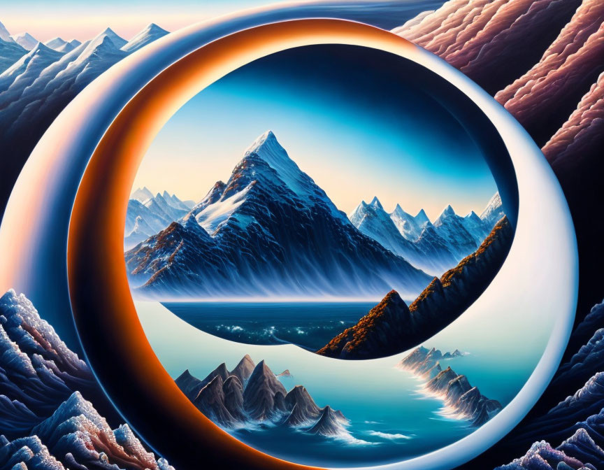 Surreal landscape featuring central mountain range and circular layers.