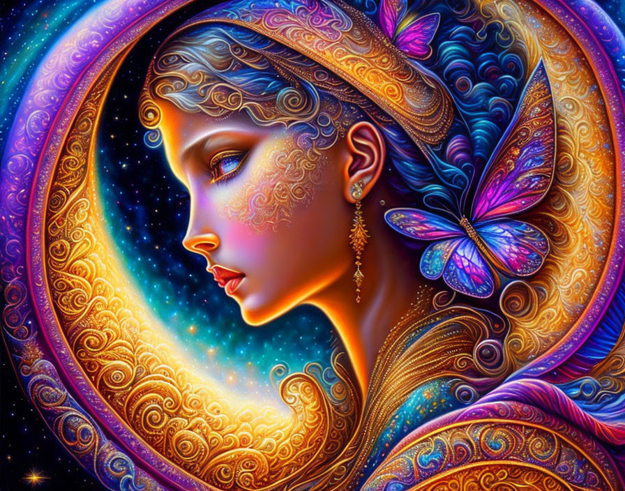 Colorful Woman Profile Artwork with Cosmic Elements and Butterfly on Starry Background