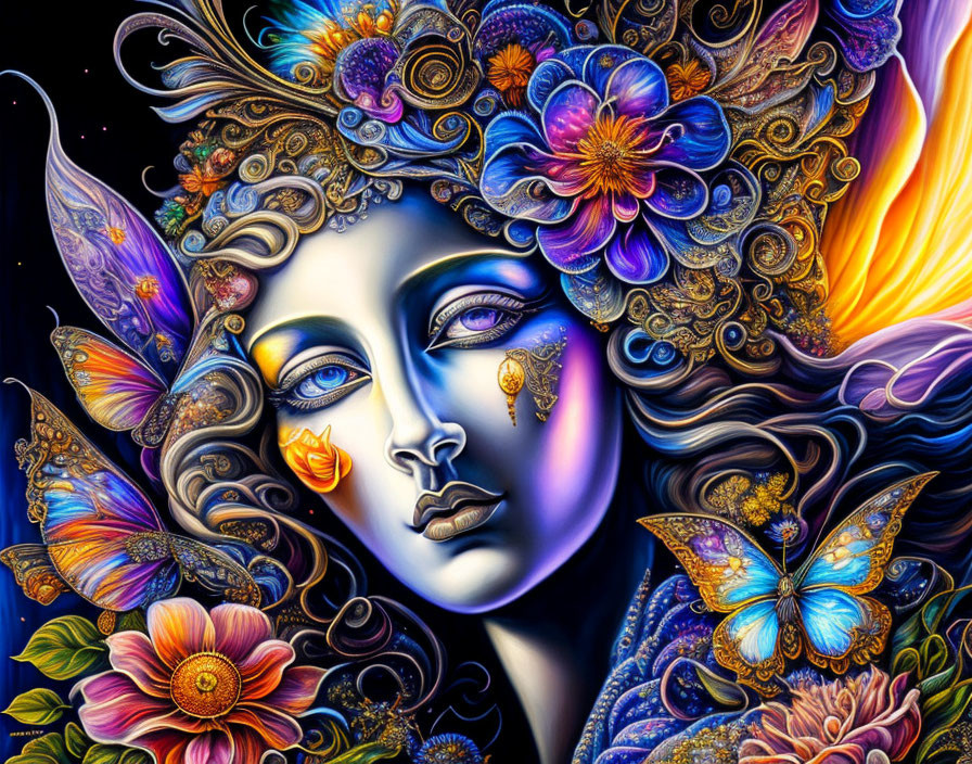 Colorful Woman's Face Illustration with Floral and Butterfly Motifs