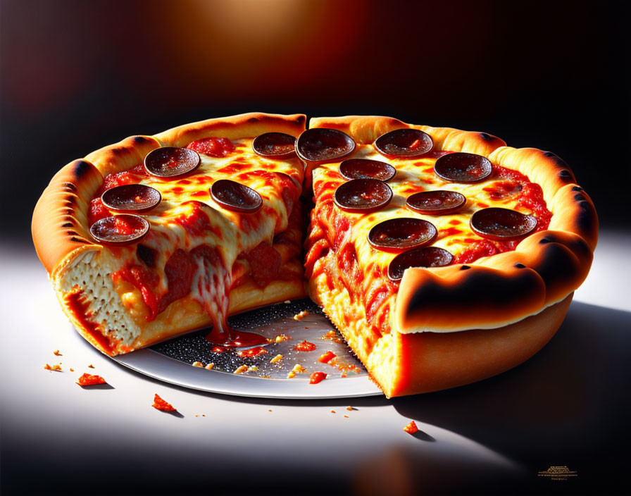 Pepperoni pizza slice missing, melted cheese, crumbs on dark background