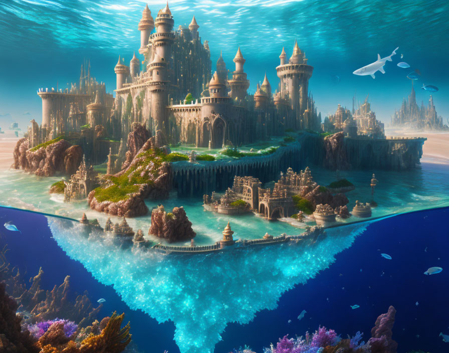 Underwater city with towering castles and marine life beneath ocean surface