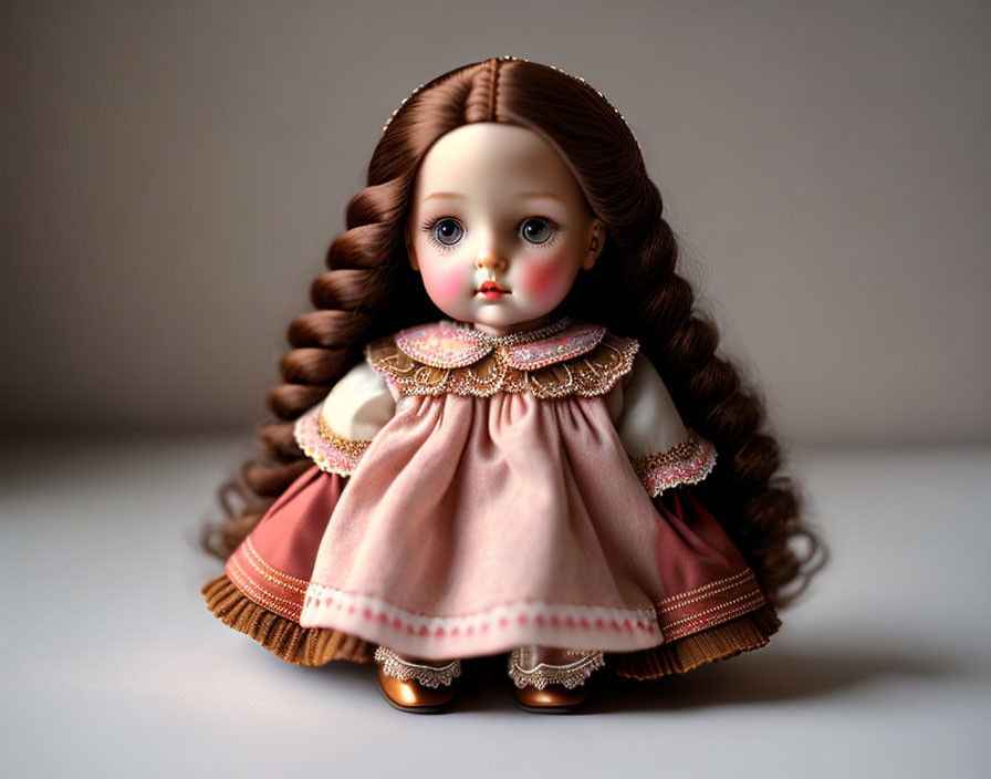 Brown-haired porcelain doll in braids, big eyes, vintage-style pink and brown dress.