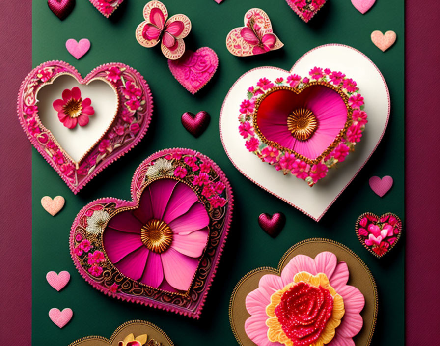 Assortment of Ornate 3D Paper Hearts with Floral Designs