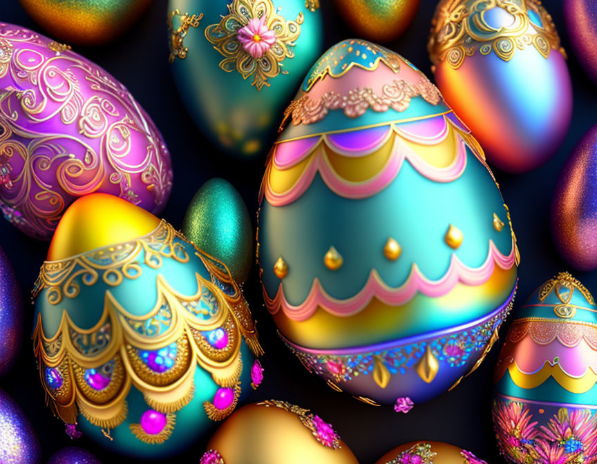 Colorful Easter eggs with golden patterns on dark background