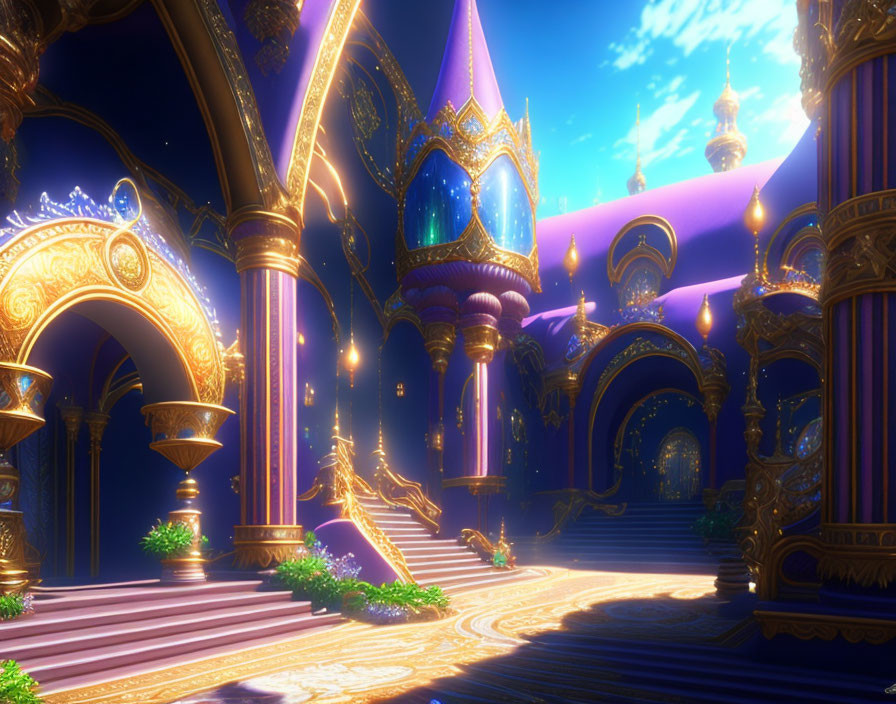 Fantasy Palace Interior with Golden Arches and Illuminated Ceilings