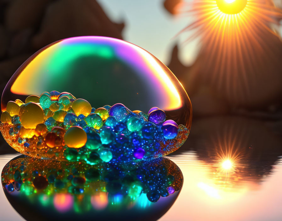 Iridescent bubble-like structure with glittering orbs on reflective surface