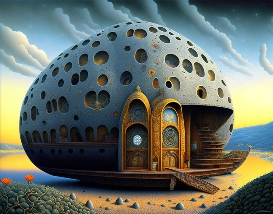 Surreal painting of egg-shaped structure in desert landscape