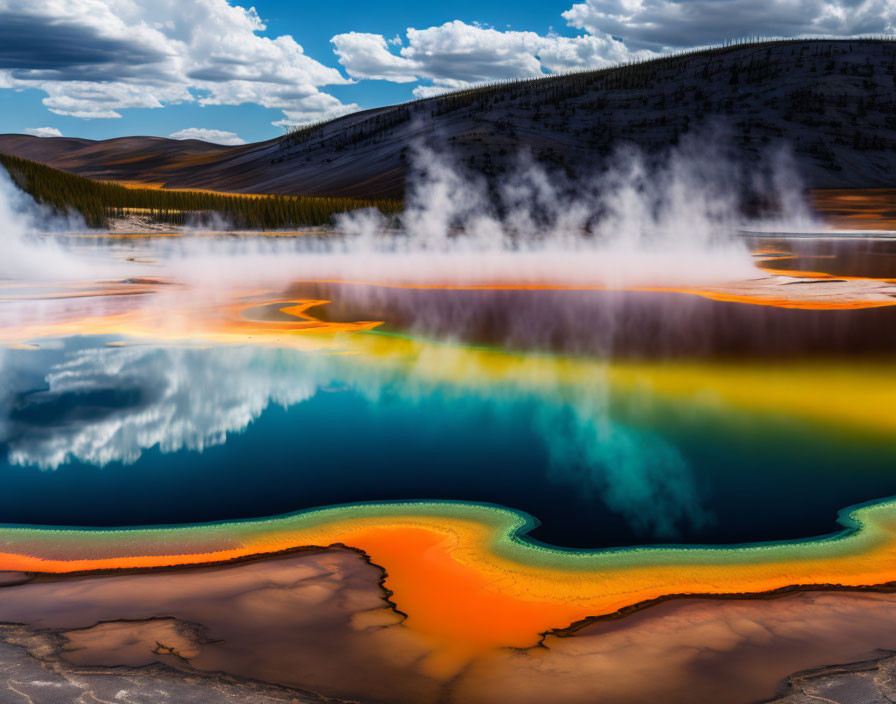 Colorful Geothermal Spring Reflecting Blue Sky and Clouds in Rolling Hills