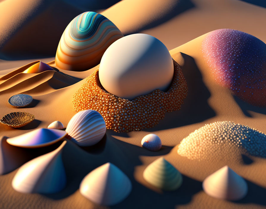 Surreal landscape with spheres, shells, and sand formations in warm lighting