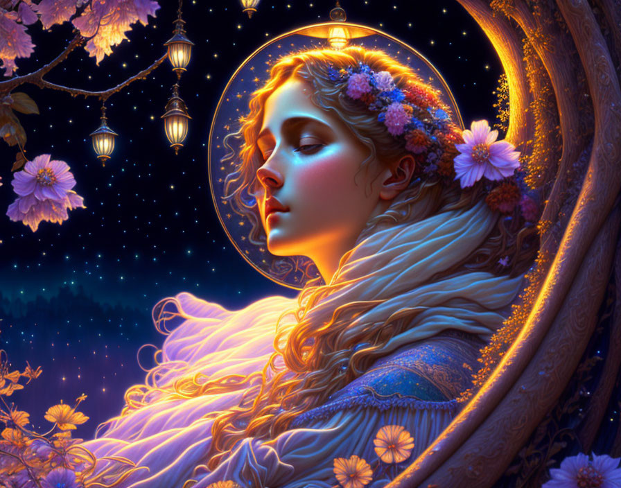 Illustration of woman with floral hair, halo, under starry night sky.