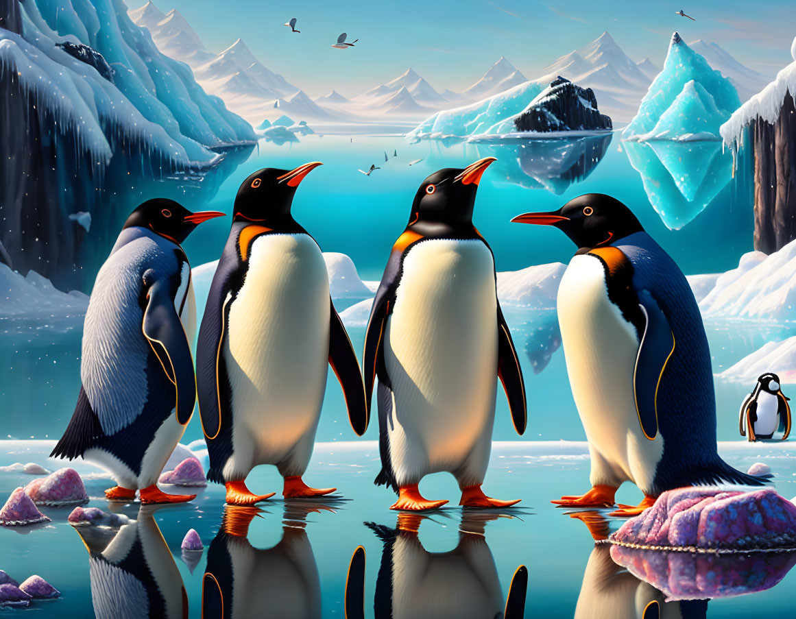 Four penguins on icy surface with water, icebergs, mountains, and blue sky.