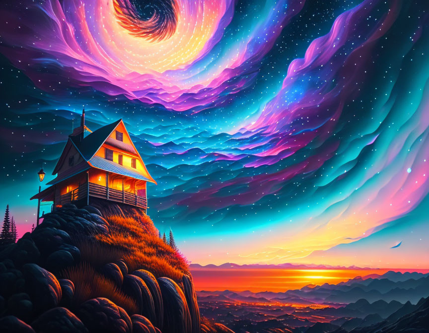 Colorful digital artwork: Cozy cabin on hill with galaxy, sunset, and clouds