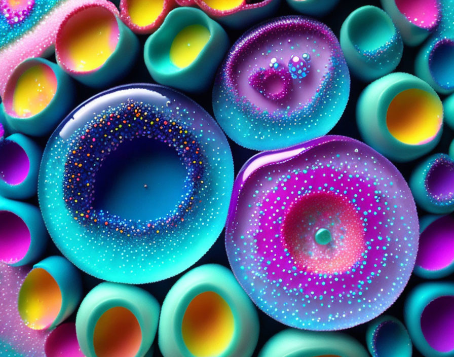 Colorful Circular Shapes with Speckled Patterns Resembling Soap Bubbles