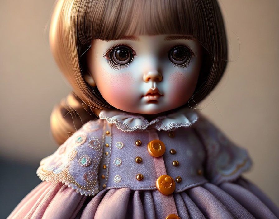 Porcelain doll with brown hair and detailed purple dress