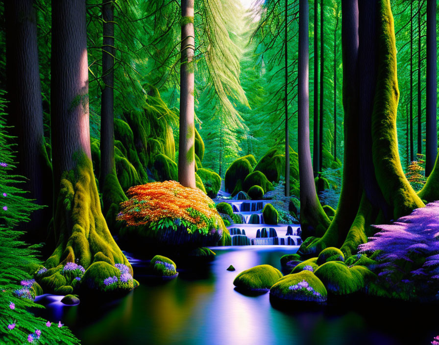 Lush Green Forest with Moss-Covered Stones and Colorful Foliage