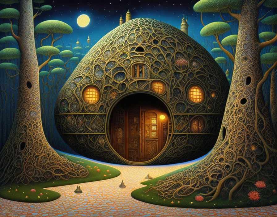 Fantasy round house with wooden door in whimsical forest at night