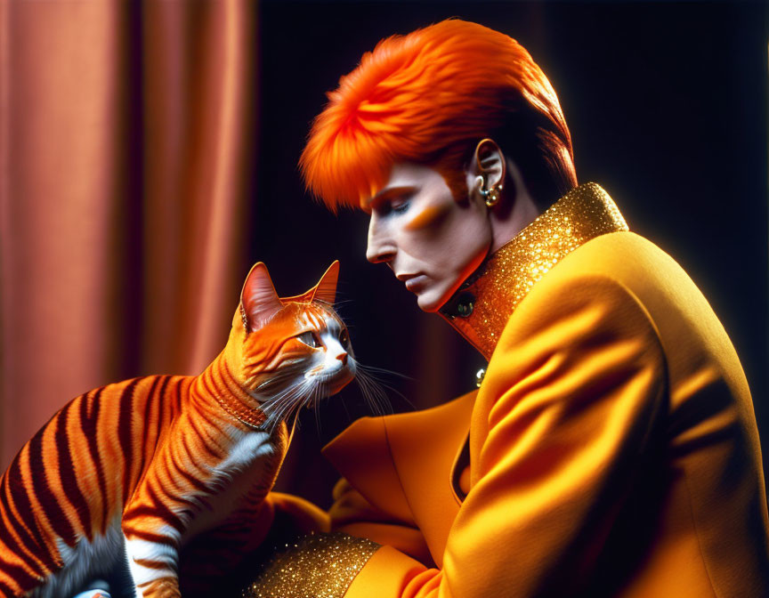 Vibrant orange hair person with matching outfit beside striped cat and dark curtains