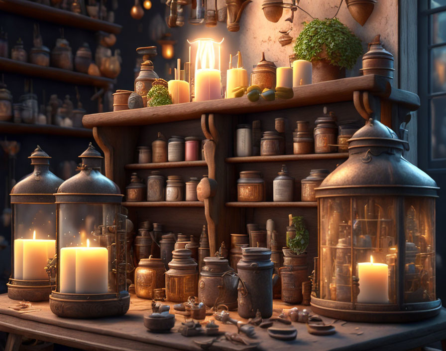 Vintage Apothecary with Candlelit Shelves of Potions and Herbs