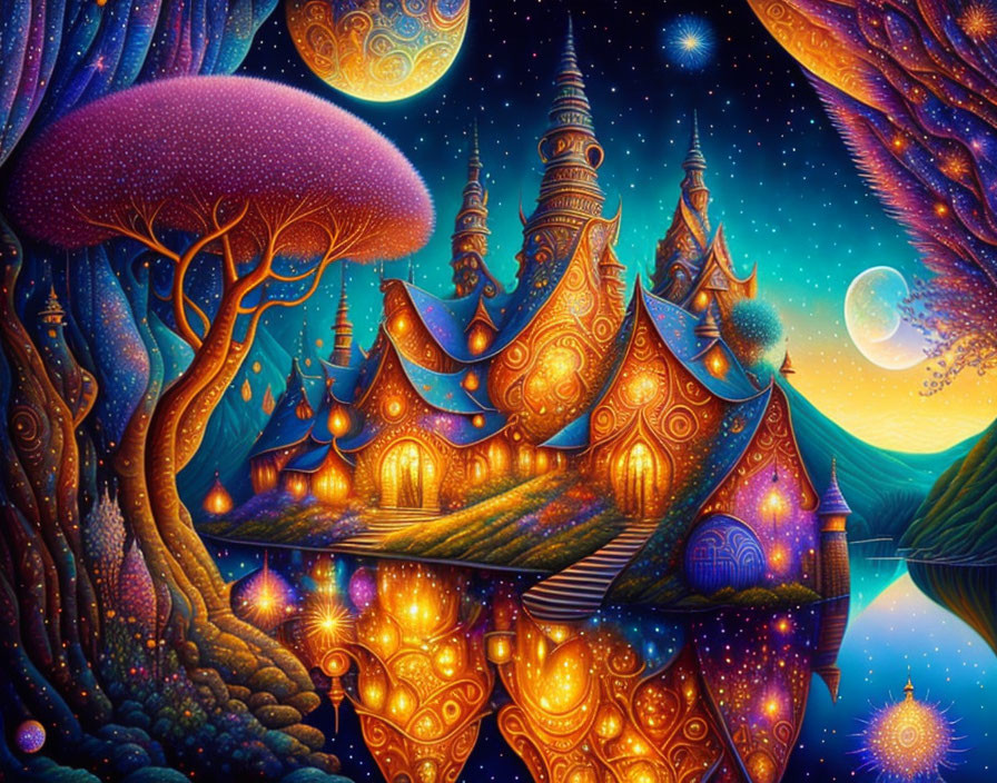 Vibrant fantasy landscape with colorful mushroom trees, castles, lanterns, river, and star