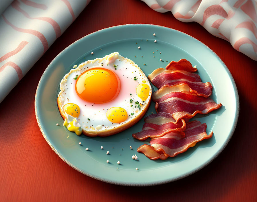 Plate with Sunny-Side-Up Egg and Crispy Bacon Strips on Reddish Surface