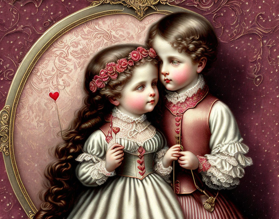 Vintage Attired Children Displaying Affection in Heart Frame