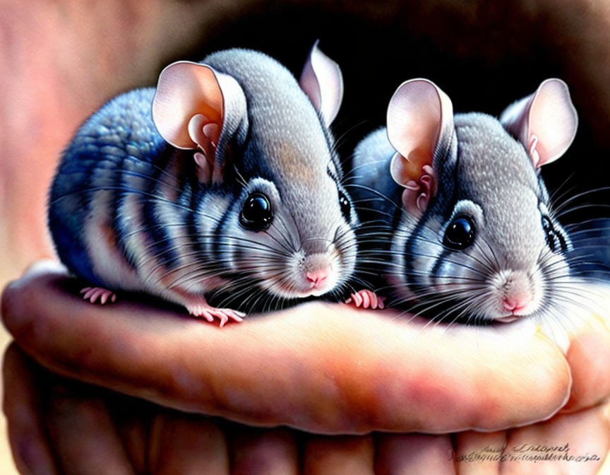 Realistic illustrated mice with gray and white fur on human hand