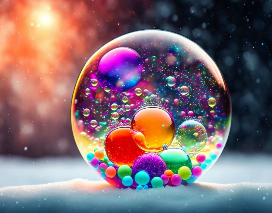 Colorful soap bubble on snowy surface with orange glow