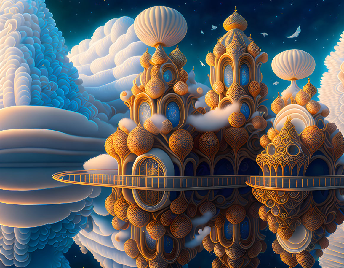 Fantastical cityscape with balloon-like structures in the clouds