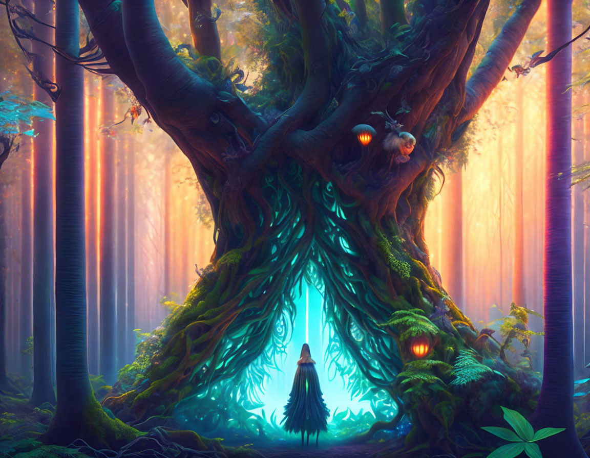 Enormous mystical tree with doorway in luminous forest